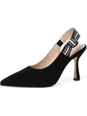 Women's Black Rubber Pointed Closed Toe Buckle Strappy Comfort Slingback Heels